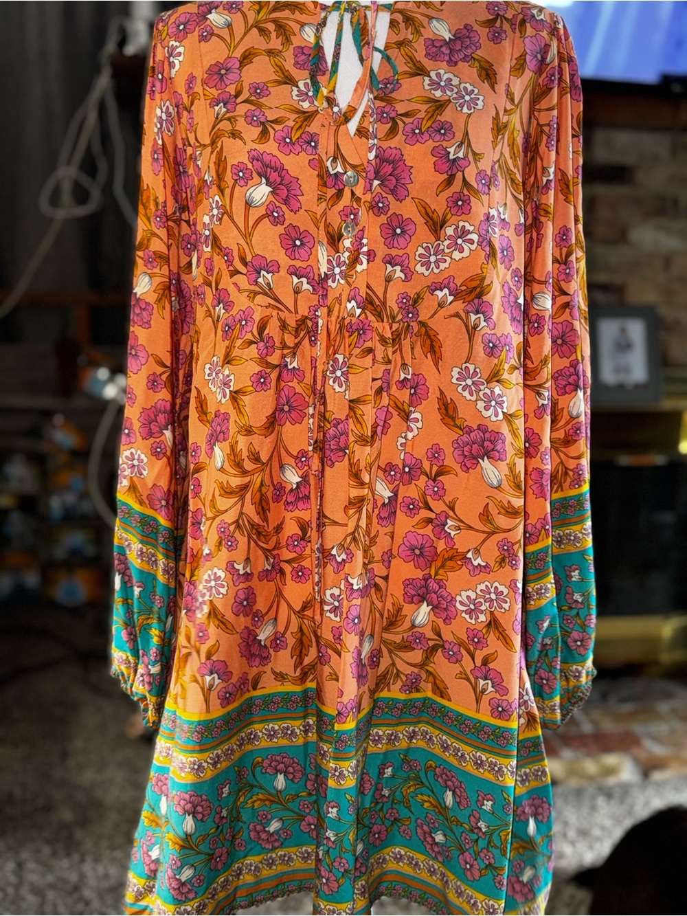 Pink Lily Orange Floral Long-Sleeve Dress with Teal Border